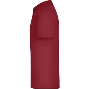 A red Junior Basic-T shirt viewed from the side, featuring a simple design and a logo.