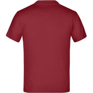 A maroon T-shirt with a simple, unembellished design and a small branding logo on the back.
