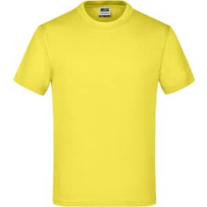 A bright yellow T-shirt with a round neck and short sleeves, featuring a logo on the label.