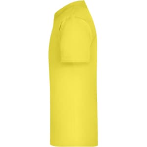 A bright yellow T-shirt featuring short sleeves and a simple design, with a logo on it.