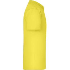 A yellow T-shirt displayed from the side, featuring short sleeves and a simple design. It has a logo on it.