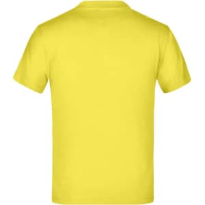 A yellow T-shirt with short sleeves and a plain back, featuring a logo on one side.