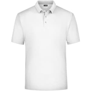 A white polo shirt with a collar and three buttons, featuring a logo on the chest.