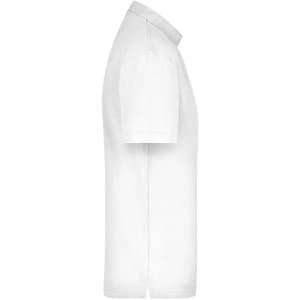 A white polo shirt displayed from the side, featuring a collar and short sleeves. It has a branding logo.