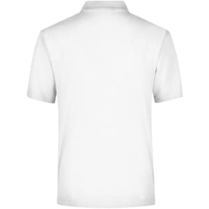 A plain white polo shirt with a short sleeve and a back view featuring a small logo.