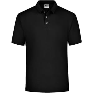 A black polo shirt with a collar, short sleeves, and a branded label on the inside.
