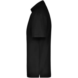 A black polo shirt with a collar and short sleeves, featuring a logo.