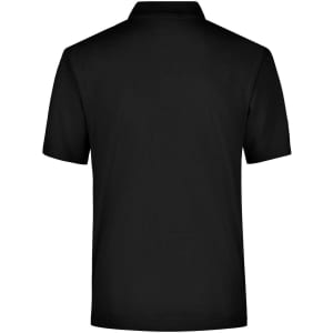 A black polo shirt featuring a classic collar and short sleeves, with a logo on the back.