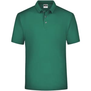 A green polo shirt with a collar and three buttons, featuring a logo on the chest area.