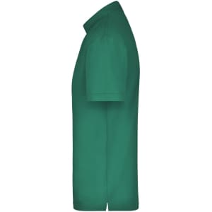 A green polo shirt with short sleeves, featuring a collar and a logo on the front.