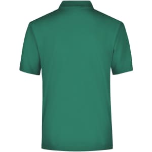 A green polo shirt featuring a collar and a back view, with a logo on the upper back.