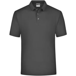 A grey polo shirt with a classic collar, featuring three buttons and a small logo.