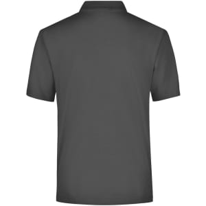 A grey polo shirt displayed from the back, featuring a collar and a branded logo.