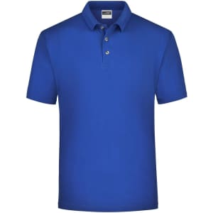 A blue polo shirt with a classic collar and three buttons, featuring a logo on the chest.