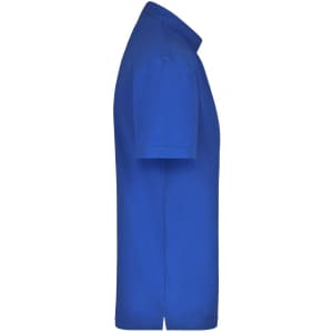 A blue polo shirt in a medium size, featuring short sleeves and a collar, with a logo on the side.