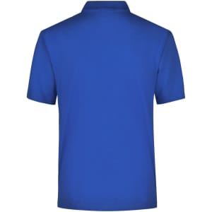 A blue polo shirt with a plain back, featuring a collar and short sleeves. It has a logo on the side.