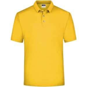 A bright yellow polo shirt with a collar and three buttons, featuring a logo on the chest.