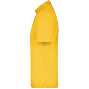 A side view of a bright yellow polo shirt, featuring a collar and short sleeves, with a logo.