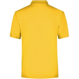 A yellow polo shirt featuring a collar and short sleeves, with a logo on the upper back.