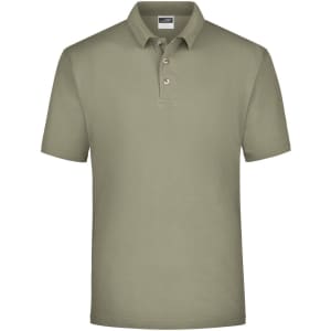 A medium olive green polo shirt with a collar and three buttons, featuring a logo on the chest.