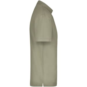 A side view of a light khaki polo shirt with short sleeves and a collar, featuring a logo.