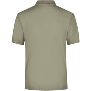 A olive green polo shirt featuring a collar and short sleeves, with a logo on the back.