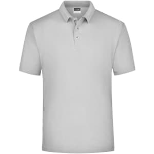 A light grey polo shirt with a classic collar and three-button placket, featuring a logo on the chest.