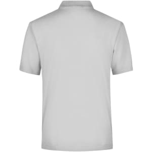 A grey polo shirt with short sleeves and a collar, featuring a logo on the back.