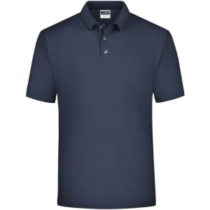 A navy polo shirt with a three-button placket and short sleeves. It features a logo on the chest.