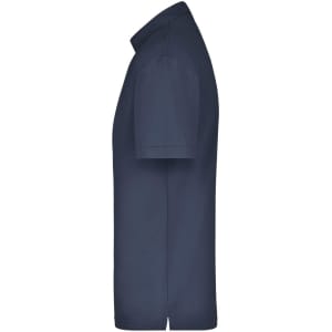 A navy polo shirt displayed from the side, featuring a collar and short sleeves, with a branding logo.
