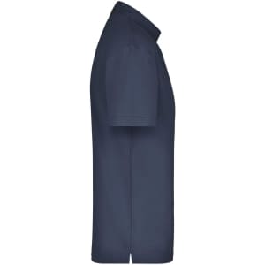 A navy blue polo shirt with a classic collar and short sleeves. It features a logo on the chest.
