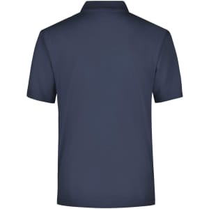 A navy blue polo shirt with a collared neck and short sleeves, featuring a logo on the back.