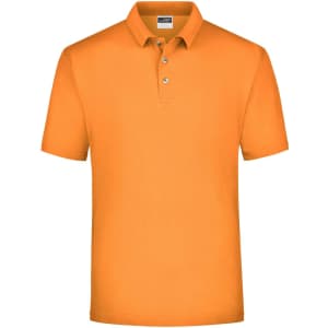 An orange polo shirt with a collar and three buttons, featuring a logo on the chest.
