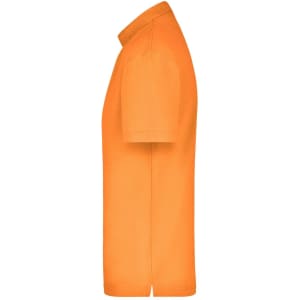 An orange polo shirt displayed from the side, featuring short sleeves and a collar. It has a logo on the chest.