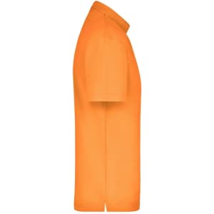 A side view of an orange polo shirt with a collar and short sleeves. It features a branding logo.