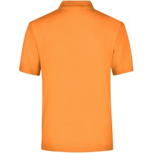 An orange polo shirt with a collar, featuring a logo on the back.