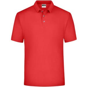 A red polo shirt with a collared neckline and three buttons, featuring a logo.
