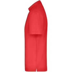 A red polo shirt in a medium size, featuring short sleeves and a collar. The shirt has a branding logo on it.