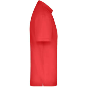 A red polo shirt with short sleeves and a classic collar, featuring a logo on the chest area.