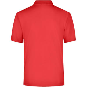 A red polo shirt with a classic collar and a back view. It features a logo on the upper back.
