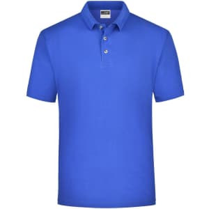 A medium blue polo shirt with a collar and three buttons, featuring a small logo on the chest.