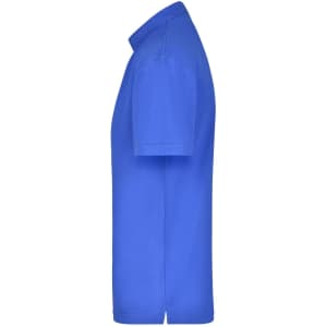 A blue polo shirt viewed from the side, featuring short sleeves and a collar. It has a logo on it.