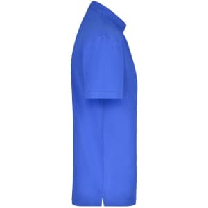 A blue polo shirt with a classic collar and short sleeves, featuring a logo on the chest.
