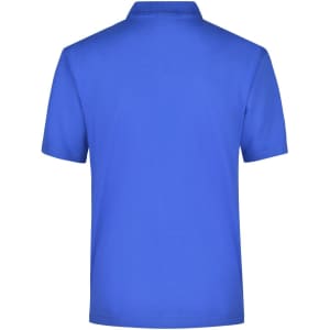 A blue polo shirt featuring a collar and short sleeves. The back view highlights its solid colour and clean design.