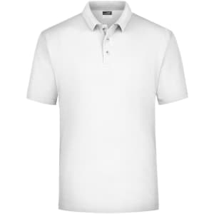 A white polo shirt featuring a collar, three buttons, and a logo on the chest.