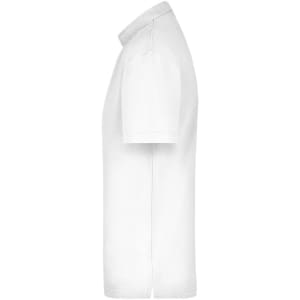 A white polo shirt with a classic collar and short sleeves, featuring a logo on the chest.