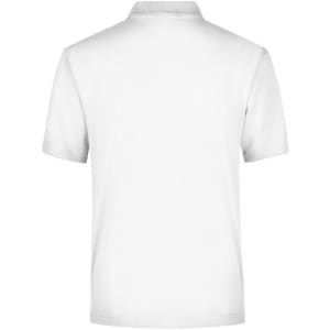 A white polo shirt with a classic collar and short sleeves, featuring a logo on the back.