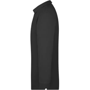 A black long-sleeved polo shirt with a classic collar and a logo on the side.