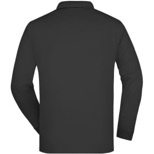 A black long-sleeve polo shirt with a collar and no visible branding. The back view shows the shirt’s smooth fabric.