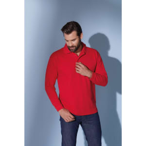A red long-sleeve polo shirt displayed on a model against a light blue background, featuring a logo.